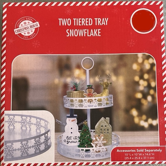 BNIB- Two Tiered Metal Tray- White Snowflake ❄️ Decorative 2-Tiered Tray - Picture 3 of 9